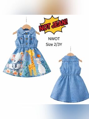 Girls' Blue Animal Print Denim-Style Dress - Size 2/3Y - NWOT